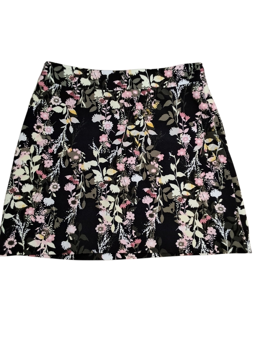 INC International Concepts Black Floral Mini Skirt with Pink & Cream Blooms